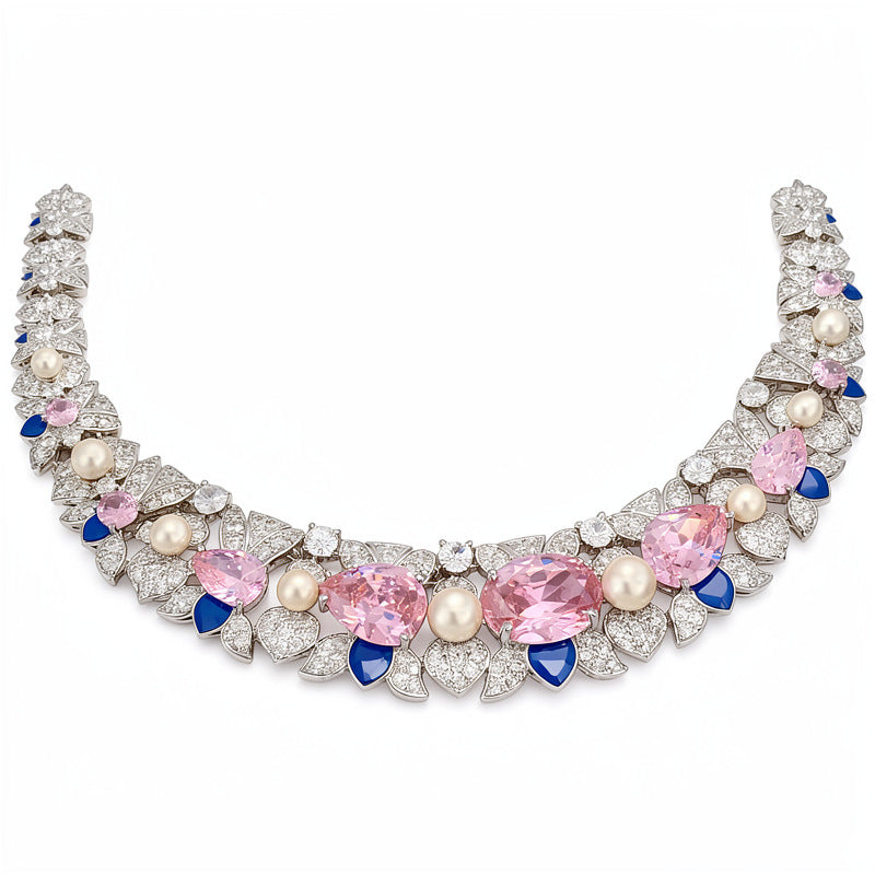 Zircon flower water drop pearl necklace light luxury niche collarbone chain court temperament exquisite jewelry set wholesale