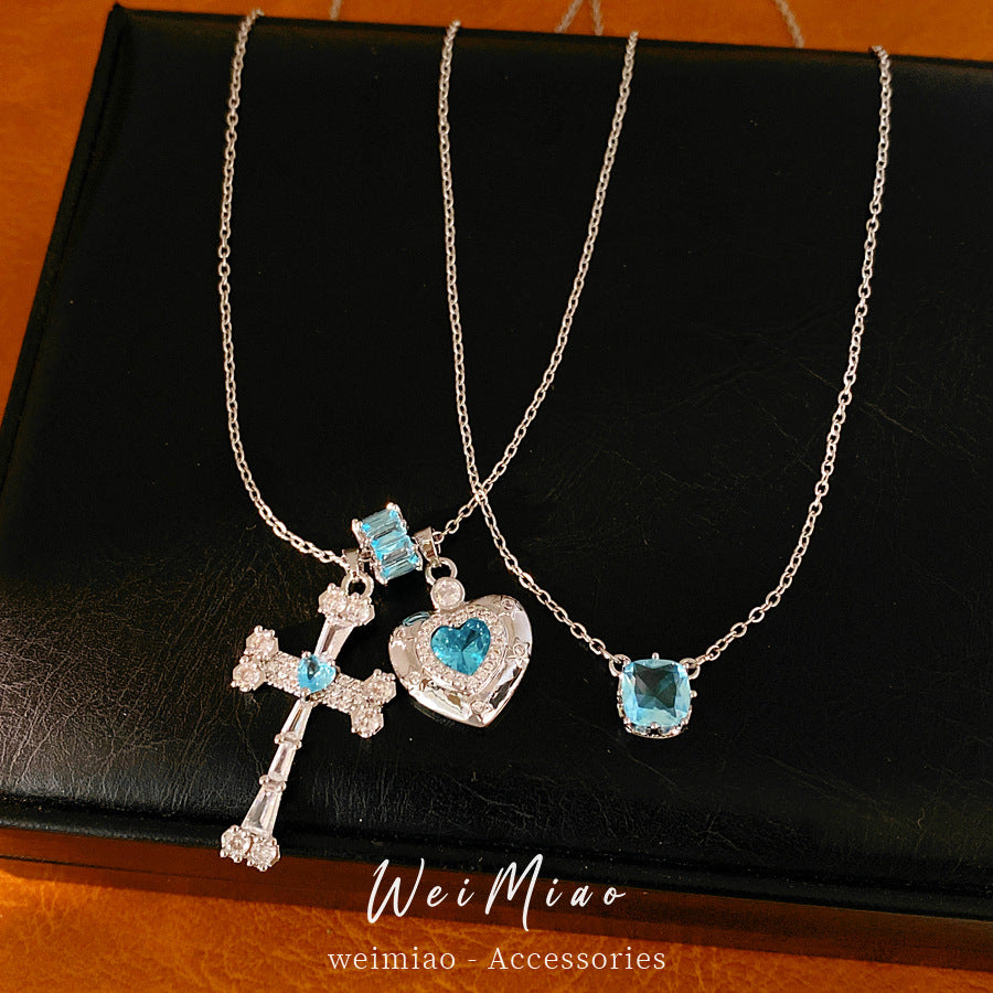 Blue zircon geometric cross love necklace light luxury niche high-end clavicle chain temperament personalized necklace