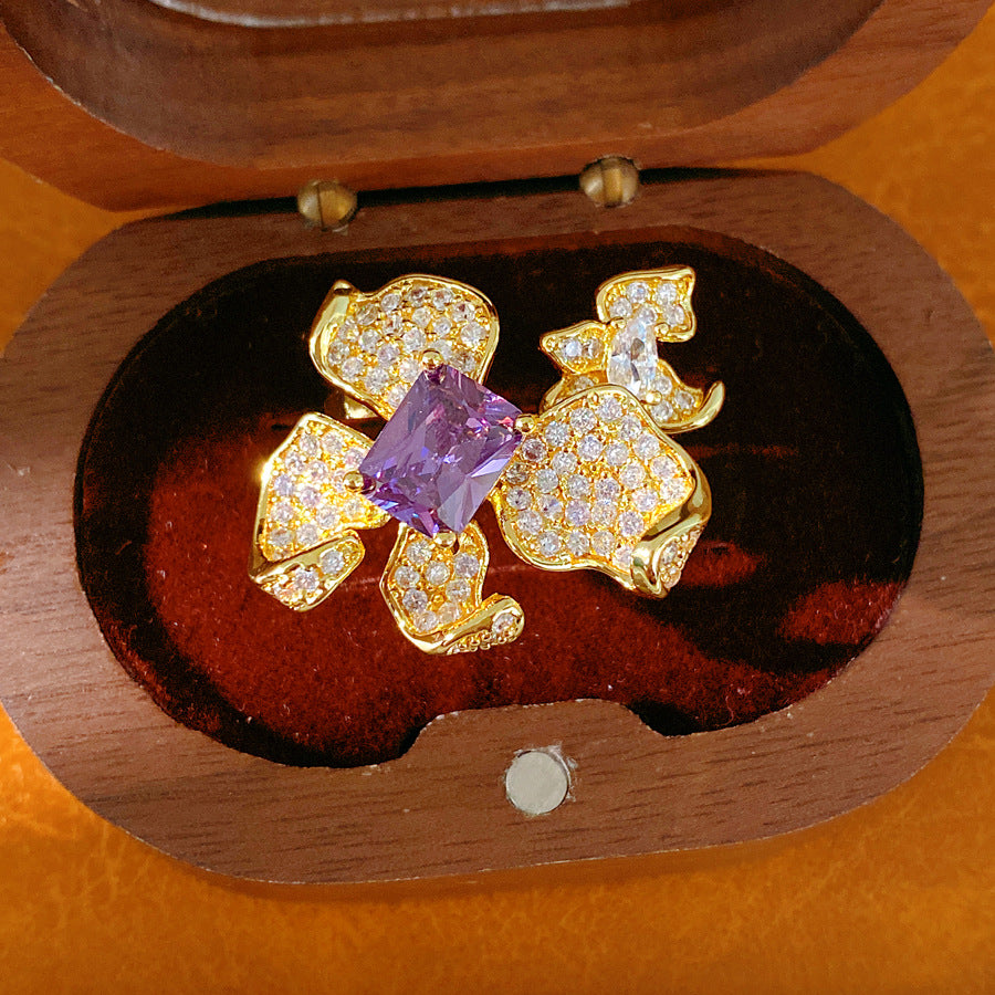 18k real gold electroplated zircon flower opening ring niche high-end ring exquisite light luxury temperament jewelry