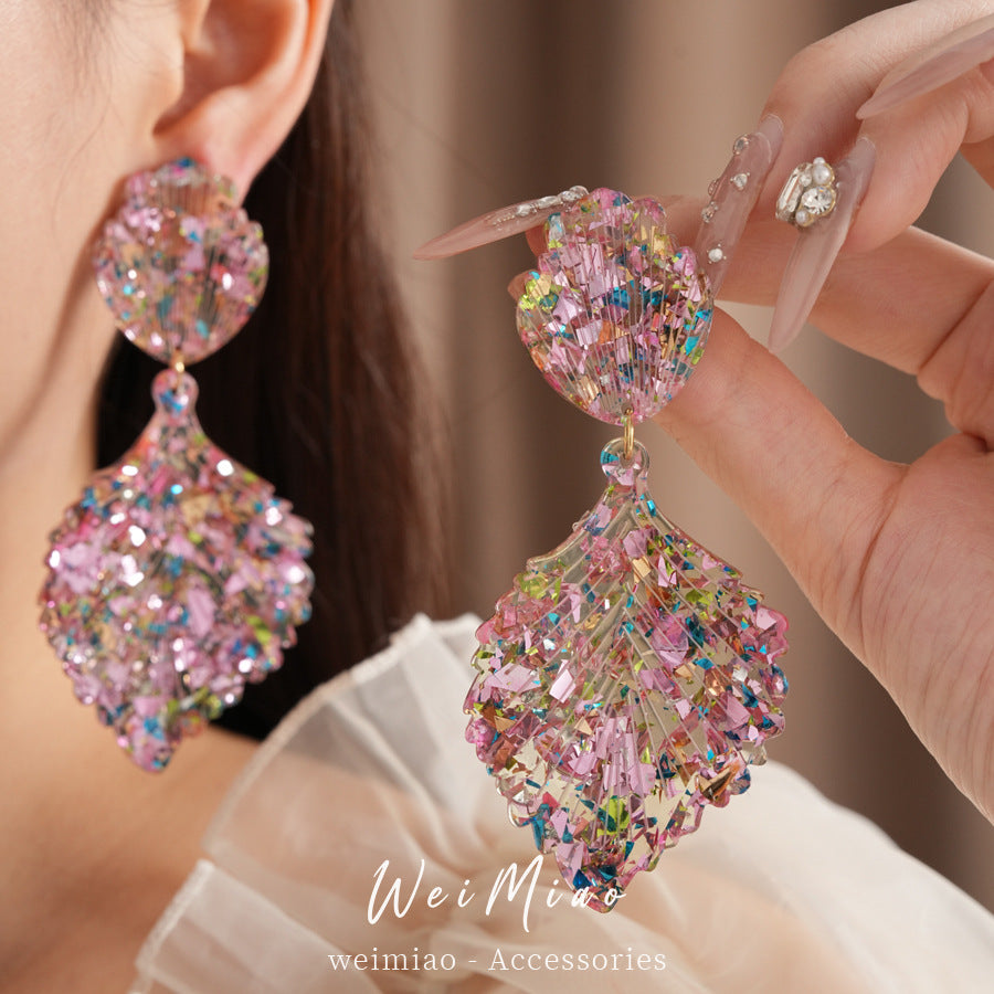 Silver needle pink leaf stud earrings European and American style fashion personality niche exaggerated earrings light luxury high-end earrings wholesale