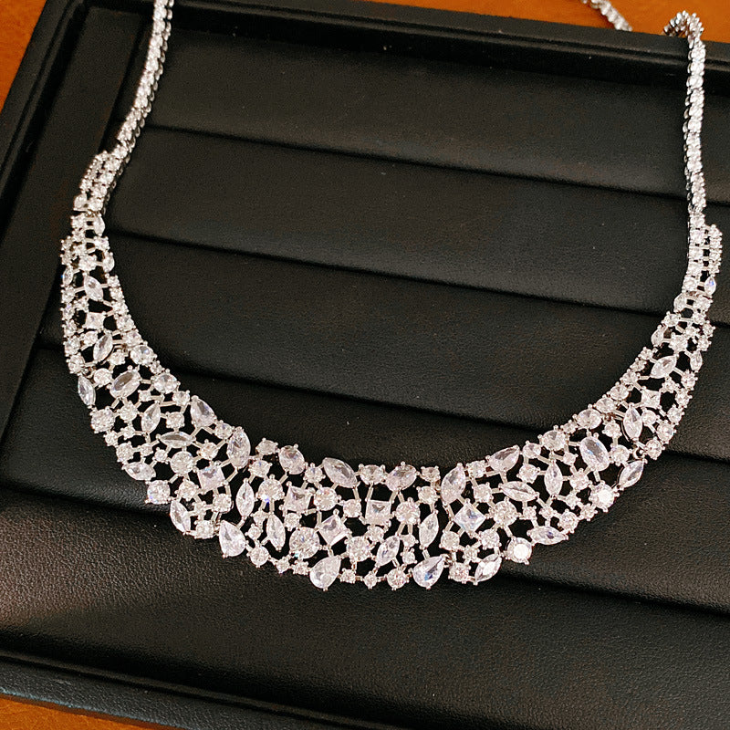 Pink elegant zircon water drop square hollow necklace light luxury niche collarbone chain high-end jewelry set