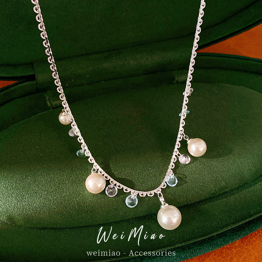 Zircon fringed lace pearl necklace light luxury niche high-end clavicle chain vacation accessories fresh and sweet necklace