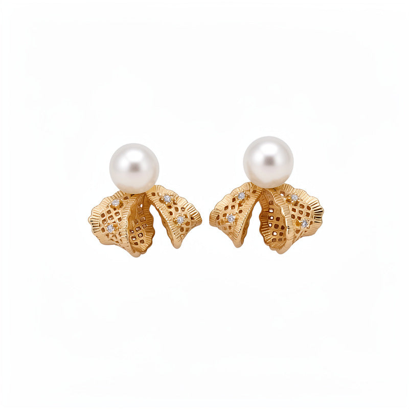 Silver needle inlaid zircon lace hollow pearl stud earrings simple versatile commuter temperament earrings light luxury high-end earrings