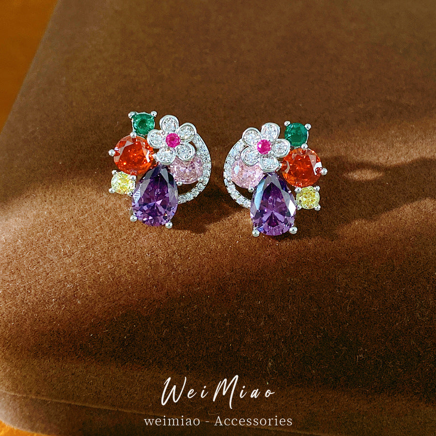 Silver needle inlaid zircon flower water drop round stud earrings exquisite temperament niche earrings light luxury high-end earrings wholesale