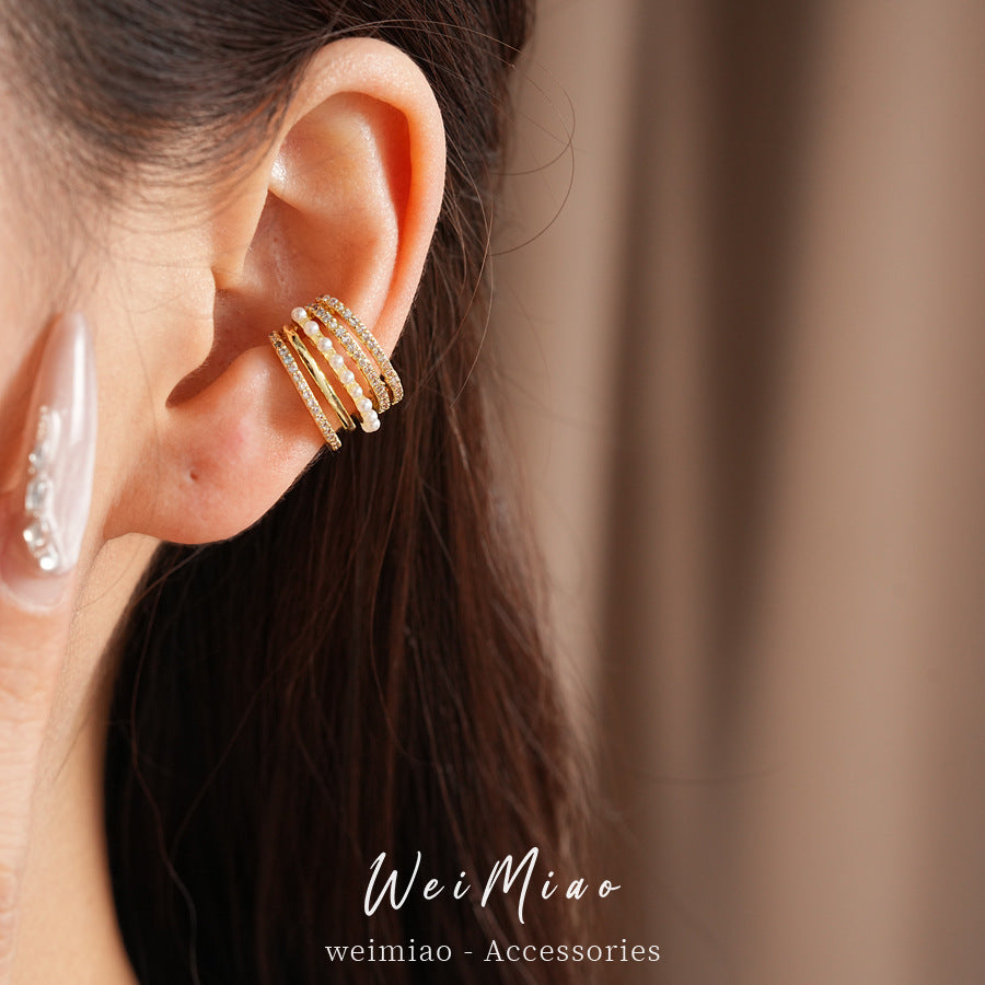 Zircon multi-layer pearl ear clips for women without ear piercings ins wind personality temperament niche earrings light luxury high-end earrings