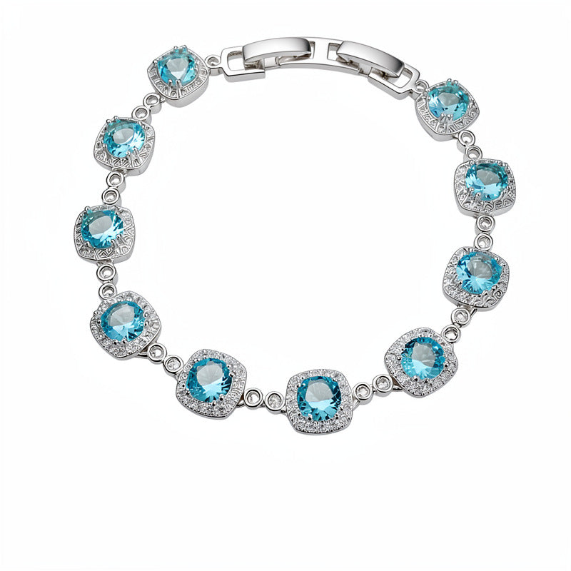 Blue zircon square buckle bracelet, light luxury niche bracelet, fresh temperament, versatile fashion and high-end jewelry.